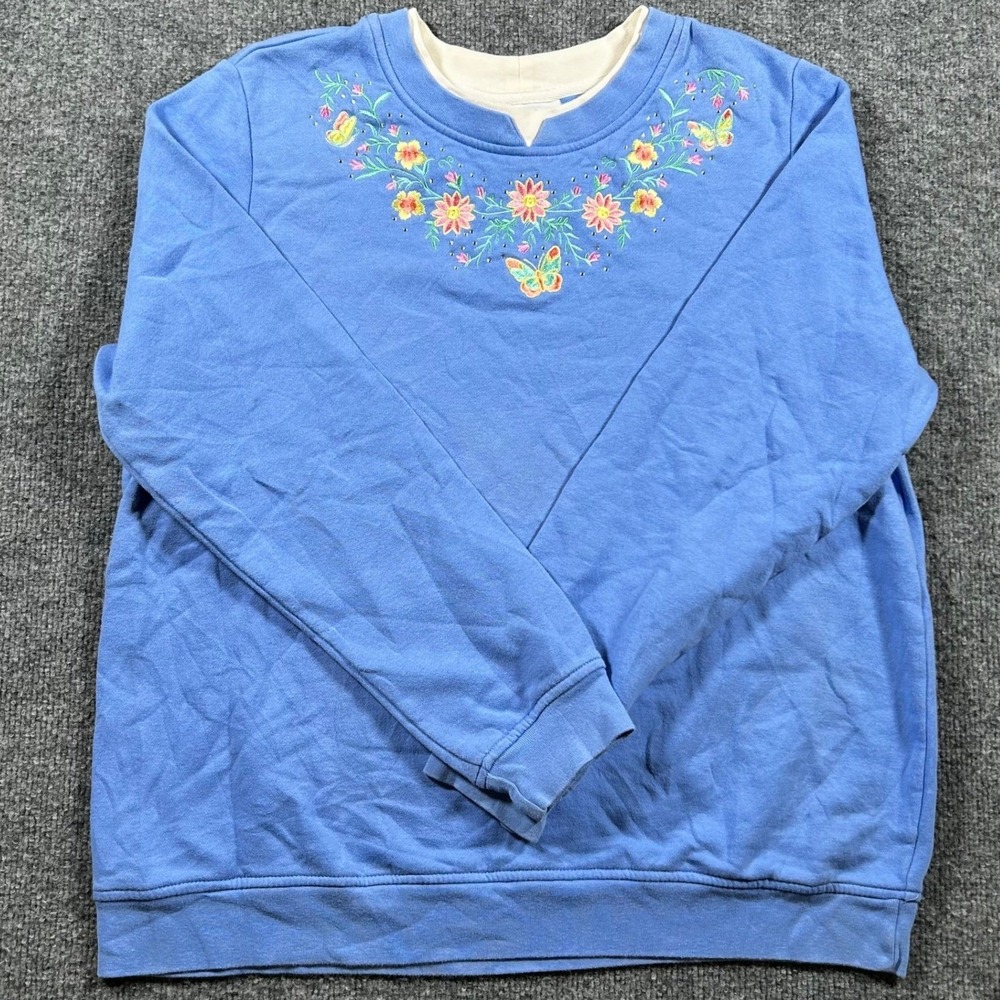 Breckenridge Sweatshirt Womens Size L Blue Floral Butterfly Embroidered Crewneck